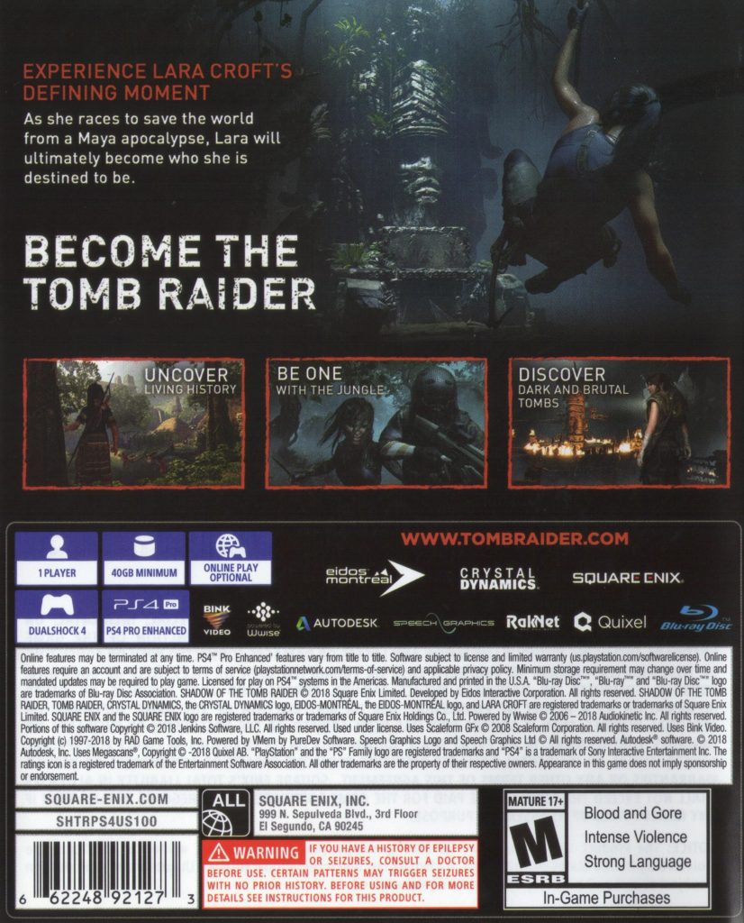 Shadow of the Tomb Raider PS4 back
