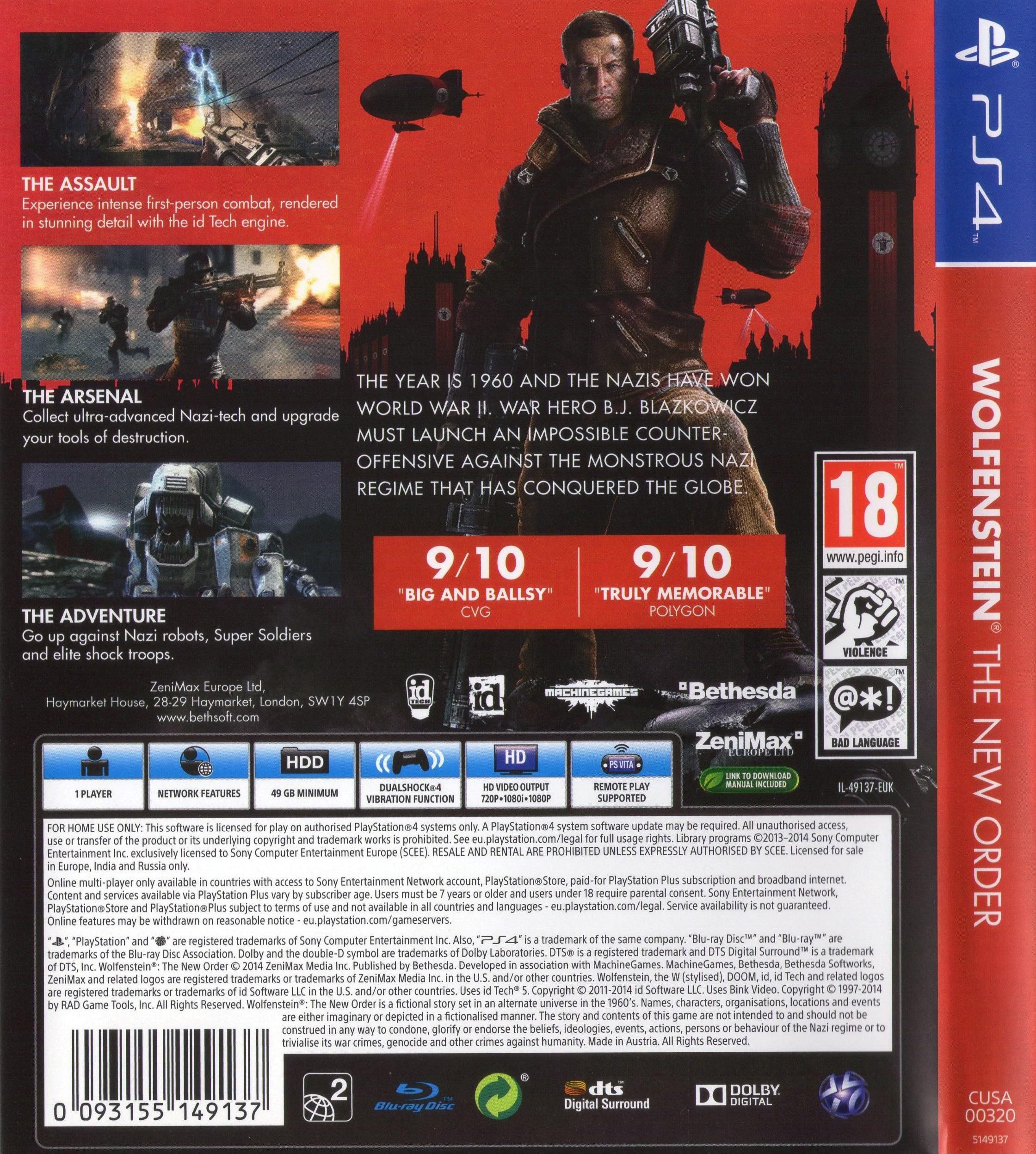 Wolfenstein: The New Order PS4 Disc