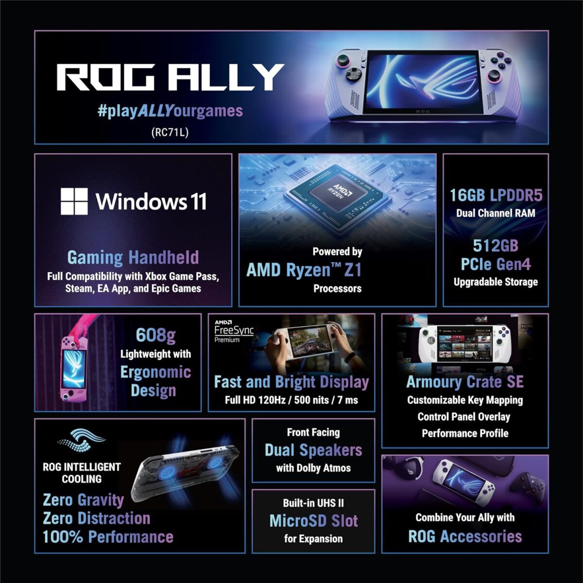 ASUS ROG Ally Handheld Gaming Console (17.78cm (7")/120Hz/AMD Ryzen Z1 Processor/16GB/512GB SSD/Windows 11 Home/White) RC71L-NH019W (New)